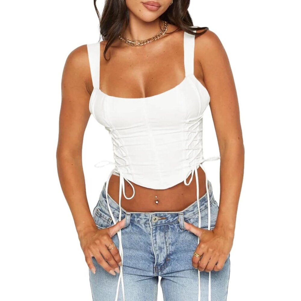 Tankaneo Women Corset Tops Lace Up Boned Bodyshaper Bustier Zip Back Cropped